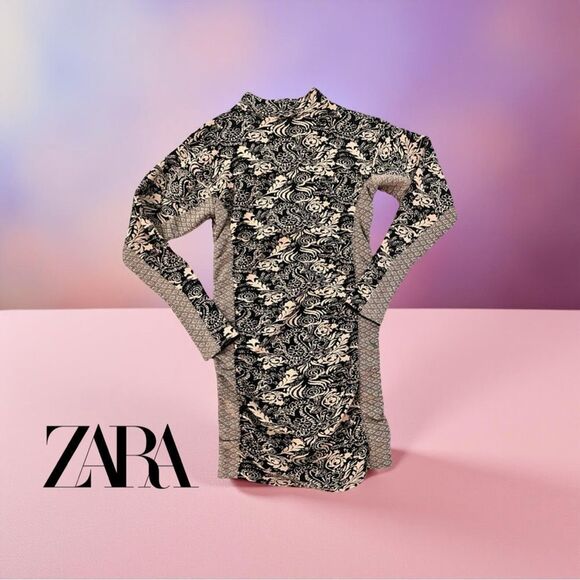 ♥️ Zara Black beige Patterned fitted ruched midi sweater Dress size medium large - Picture 2 of 9